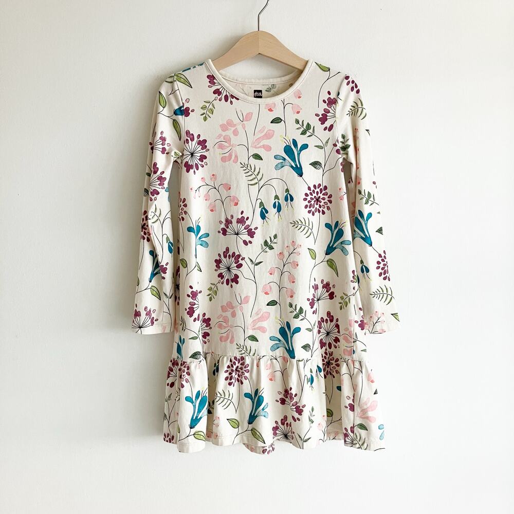Tea Collection Girls Sz 6 Dress Floral Print Long Sleeve Ruffle Ivory Cotton
